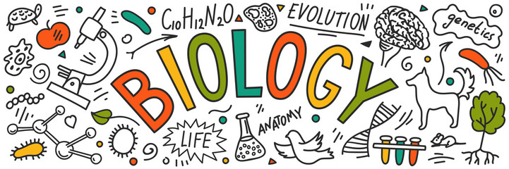 Biology. Hand drawn doodles with lettering.  - obrazy, fototapety, plakaty