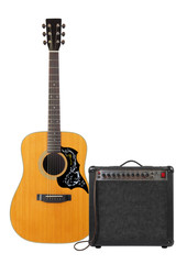 Music and sound - Folk acoustic guitar, amplifier and cable front view isolated