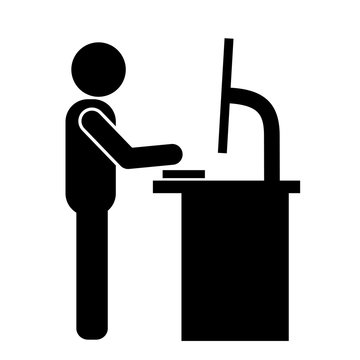 Man is working on the computer and pc, standing position and posture of body. Tall desk and table for healthy workstation. Vector illustration - pictogram