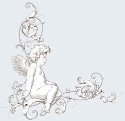 Vintage decorative element engraving with Baroque ornament and cupid