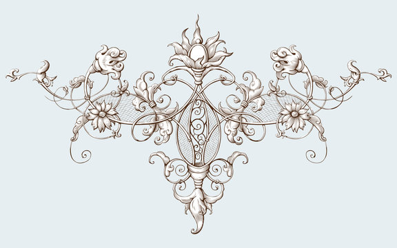 Vintage decorative element engraving with Baroque ornament