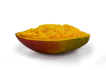 The pulp of mango on white isolated background. Sliced fruit.