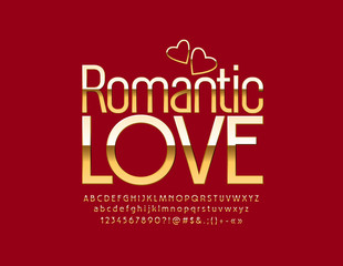 Vector card Romantic Love with Golden luxury Alphabet. Elegant glossy Font.