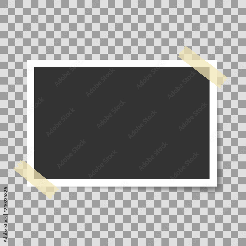 Poster vector mock up of empty photo frames on transparent background with adhesive tape