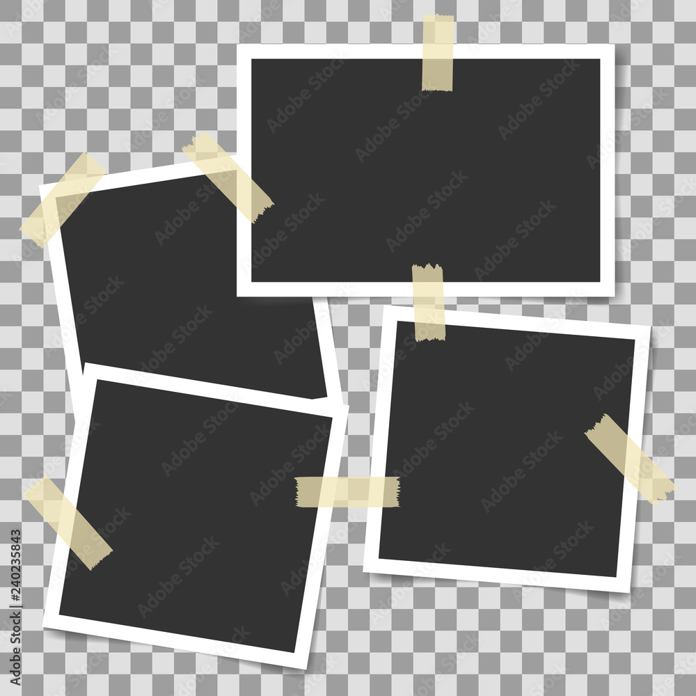 Poster vector mock up of empty photo frames on transparent background with adhesive tape