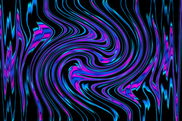 Multicolor glowing twisted lines on black background. Shiny neon fractal. Blurred motion. Abstract psychedelic illustration
