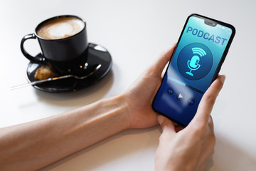 Podcast playing or recording application on mobile phone screen. Internet radio media concept.