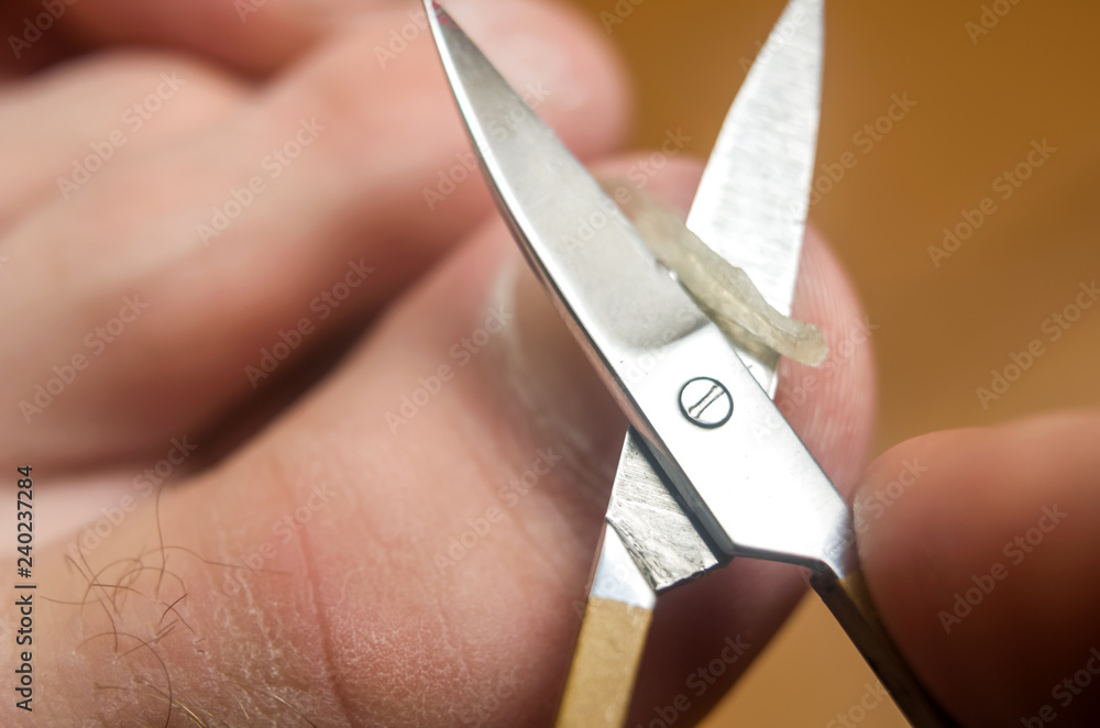 Wall mural man cuts toenails with scissors, close-up