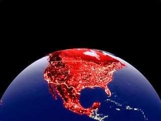 NAFTA memeber states from space on planet Earth at night with bright city lights. Detailed plastic planet surface with real mountains.