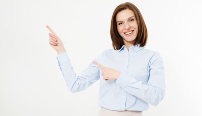 Close up portrait of a happy brunette pointing fingers on white background