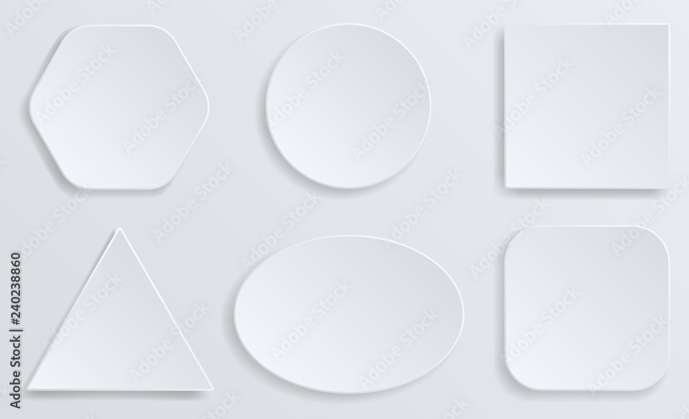 Poster white blank square and rounded button vector set. button banner round, badge interface for applicati