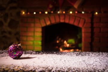 Christmas Room Interior Design, Xmas Tree Decorated By Lights Presents Gifts Toys, Candles And Garland Lighting Indoors Fireplace