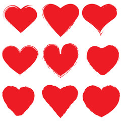 Set of red ink grunge hearts on white background vector illustration. Brush stroke of hearts
