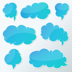 Obraz premium Vector stickers thought, speech bubbles, banner, label, cloud. Coupon sale, offers and promotions vector template. Talk balloon. Quote box. Text, information frame. Banner and badge.