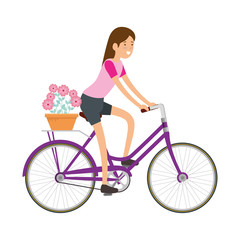 woman in retro bicycle with floral basket
