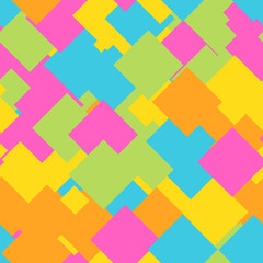Seamless abstract geometric pattern of overlapping squares in random order. Funny, happy and children theme. Simple flat vector illustration.