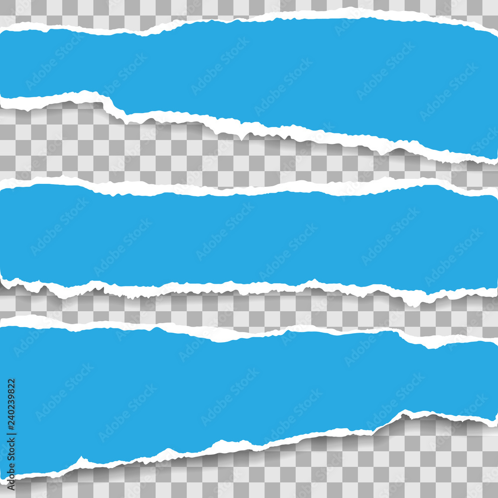 Poster ripped blank horizontal note paper strips for text or message stuck on transparent background.