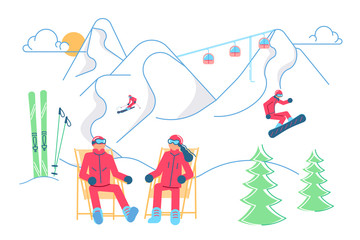 Fototapeta premium Male and female Skiers on a lounger relaxes