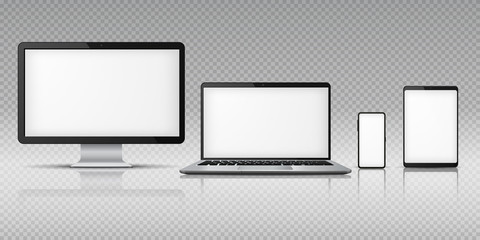 Realistic computer laptop smartphone. Tablet gadget mockup, pc laptop mobile devices. Monitor screen display vector template