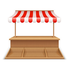 Empty market stall. Wooden kiosk, street grocery stand with striped awning and counter desk vector template © SpicyTruffel
