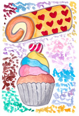 Hand draw watercolor of cupcake and roll cake illustration