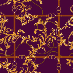 Seamless pattern with golden chains, belts and baroque leaves. Vector baroque patch for scarfs, print, fabric.