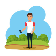 Fototapeta premium young and casual man using smartphone