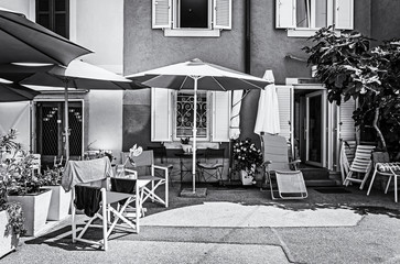 Colorful guest houses in Piran, Slovenia, colorless
