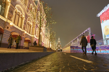 Red Square is brightly decorated in december. Here GUM (Central Department store) looks like Palace.