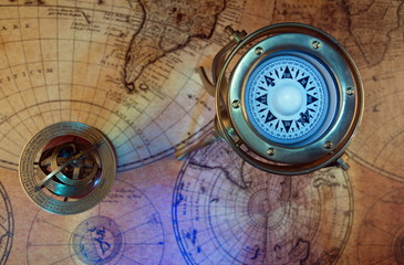 Old Zodiac globe,astrological.Antiques marine compass.Vintage map and retro style