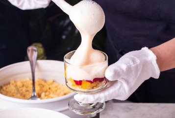 Air mousse with a fruit dessert
