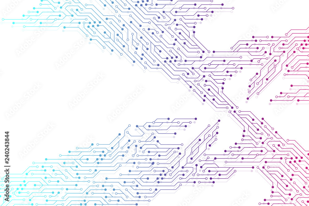 Poster Computer motherboard vector background with circuit board electronic elements. Electronic texture for computer technology, engineering concept. Motherboard integrated computing illustration