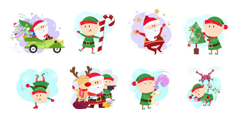 Bright Santa Claus and christmas elves set illustration. Santa and elves in different poses. Can be used for topics like Christmas, winter, festivals, Happy New Year