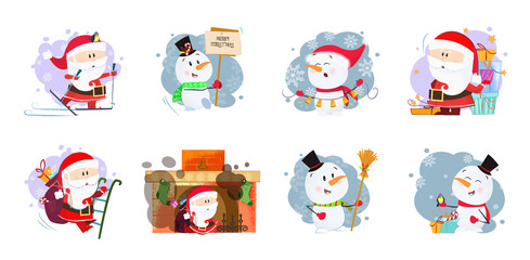 Bright Santa Claus and snowmen set illustration. Snowmen and Santa Claus in different poses. Can be used for topics like Christmas, winter, festivals, Happy New Year