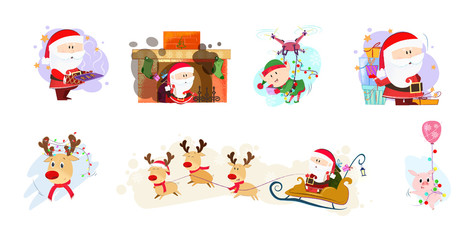 Bright illustration with Santa and company. Bright characters in different poses. Can be used for topics like Christmas, winter, festivals, Happy New Year