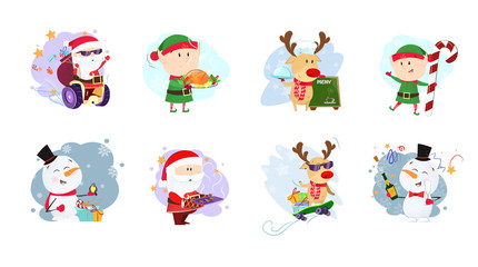 Obraz na płótnie Canvas Cool Christmas company set illustration. Elf, snowman and Santa Claus in different poses. Can be used for topics like Christmas, winter, festivals, Happy New Year