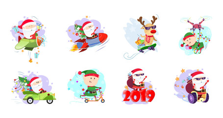 Cool Santa Claus set illustration. Santa Claus, elf, deer riding on different vehicles. Can be used for topics like Christmas, winter, festivals, Happy New Year