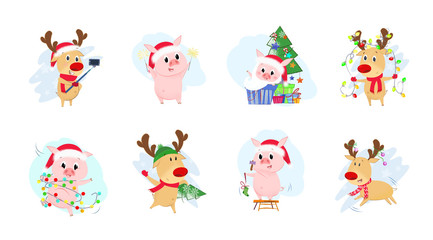 Creative set illustration with piglet and deer. Deer and cute piglets in different poses. Can be used for topics like Christmas, winter, festivals, Happy New Year