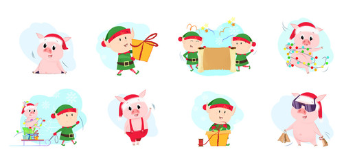 Fototapeta premium Elves and piglets set illustration. Elves and piggy in different poses. Can be used for topics like Christmas, winter, festivals, Happy New Year