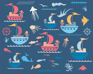 collection of underwater fish animals and ships