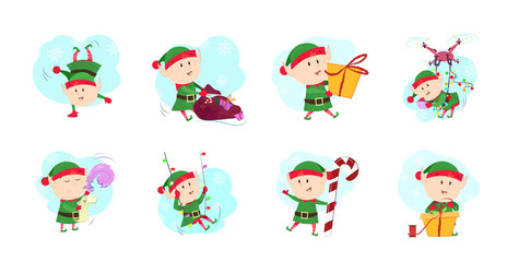 Elves company set illustration. Santa helpers in different poses. Can be used for topics like Christmas, winter, festivals, Happy New Year