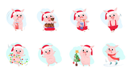 Fototapeta premium Funny piglets set illustration. Pigs in different poses. Can be used for topics like Christmas, winter, festivals, Happy New Year