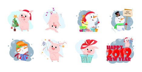 Fototapeta premium Piggy set illustration. Piglets and snowmen in different poses. Can be used for topics like Christmas, winter, festivals, Happy New Year