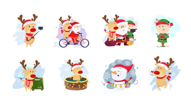 Festive characters set illustration. Snowman, deer, elf and Santa Claus in different poses. Can be used for topics like Christmas, winter, festivals, Happy New Year