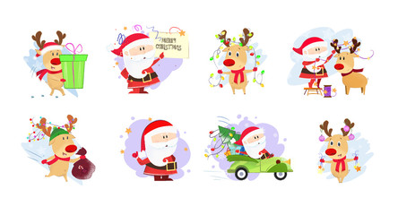 Santa Claus with Christmas deer set illustration. Cartoon company with deer and Santa in different poses. Can be used for topics like Christmas, winter, festivals, Happy New Year