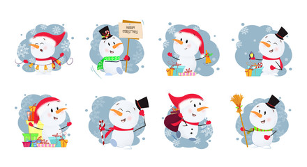 Set illustration of snowmen. Funny snowmen in different poses. Can be used for topics like Christmas, winter, festivals, Happy New Year