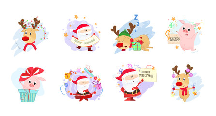 Set illustration with bright characters. Santa, deer and piglet in different poses. Can be used for topics like Christmas, winter, festivals, Happy New Year