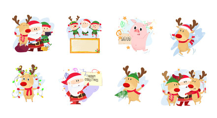Set illustration with cartoon company. Funny Santa, piggy, elves and deer in different poses. Can be used for topics like Christmas, winter, festivals, Happy New Year 