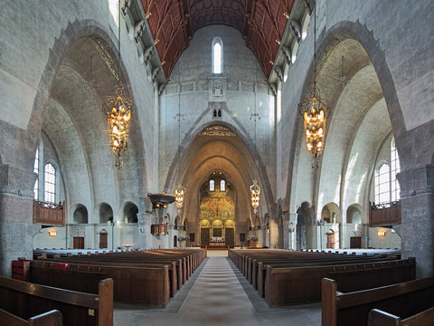 Interior of Engelbrekt Church (Engelbrektskyrkan) in Stockholm, Sweden. The church was designed by architect Lars Israel Wahlman in the National Romantic style and completed in 1914.