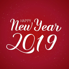 Happy New Year 2019 writing on red background with falling snow. Calligraphy hand lettering. Holidays quote vector illustration.